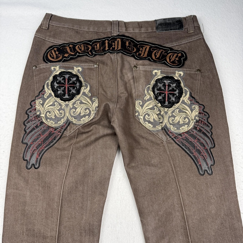 Imperious Jeans Mens 38x34 Brown Straight Gothic Cross Wing Embroidered Denim